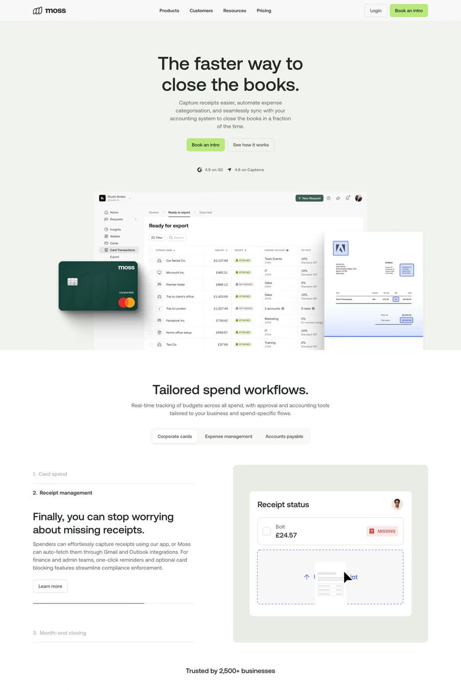 Moss — screenshot of a clean finance landing page in white and beige