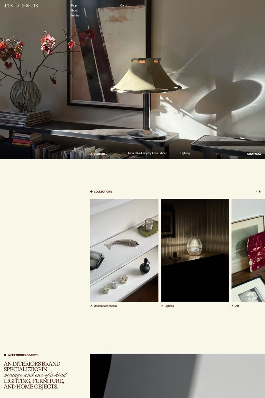 Mostly Objects — screenshot of a typographic homeware online shop in white and black