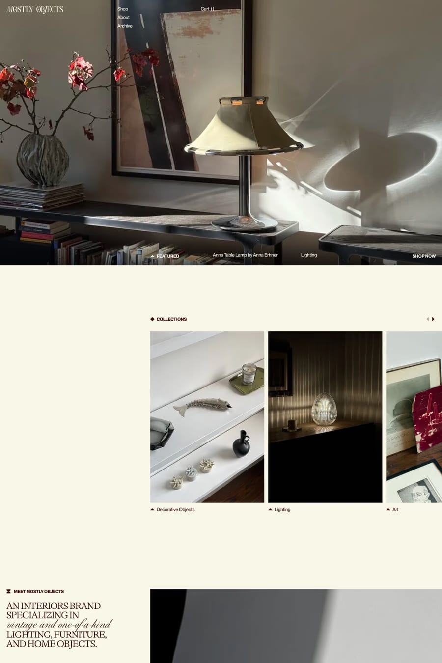 Mostly Objects — screenshot of a typographic homeware online shop in white and black