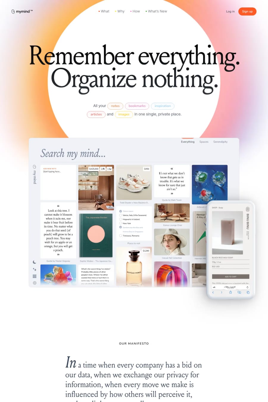 Mymind — landing website screenshot