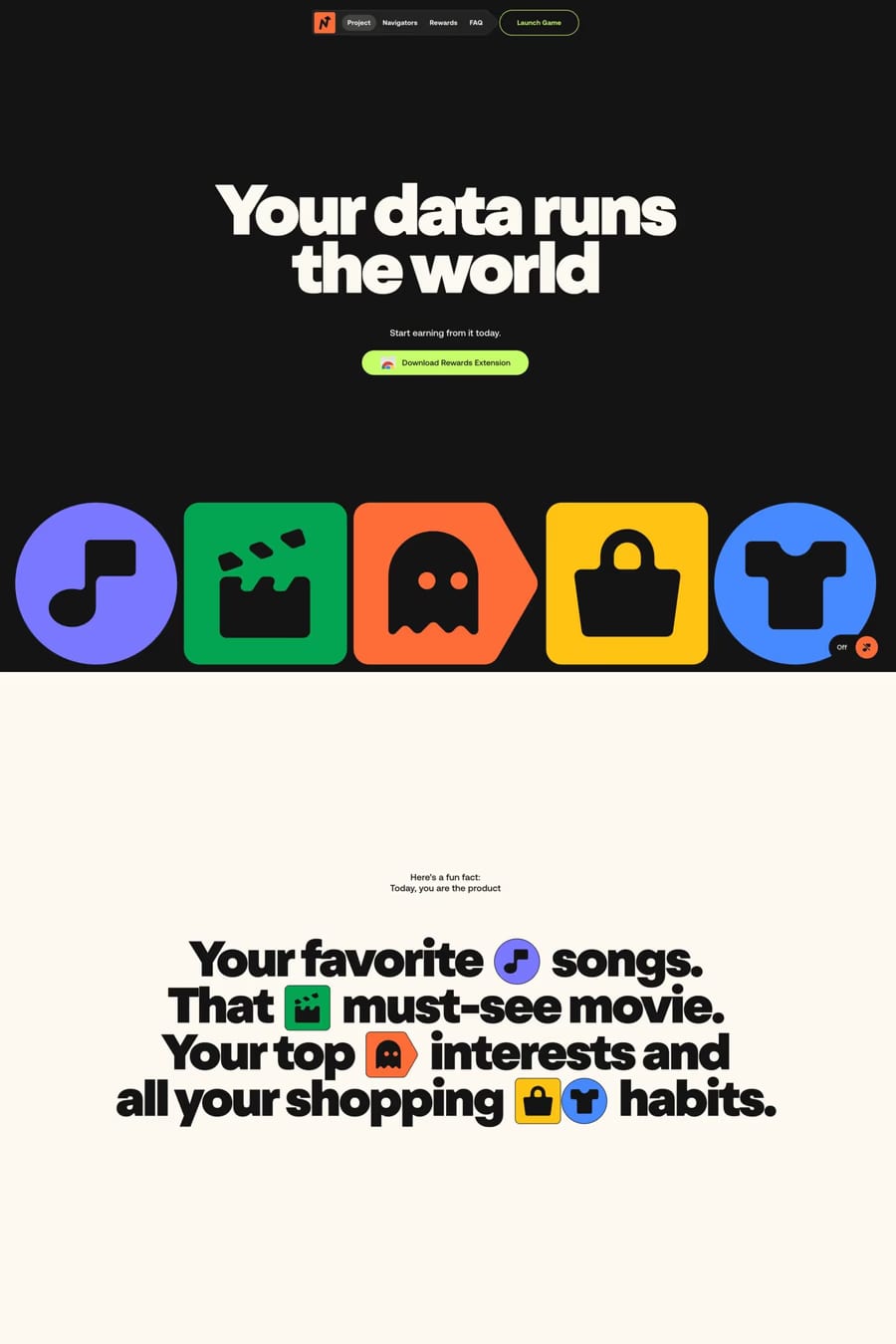 Navigate — screenshot of a colourful, fun data landing page in orange and light green
