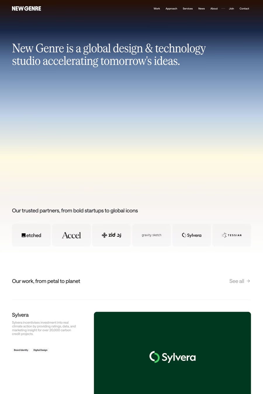New Genre — screenshot of a design agency site in dark red and dark blue, with big type and blur effects