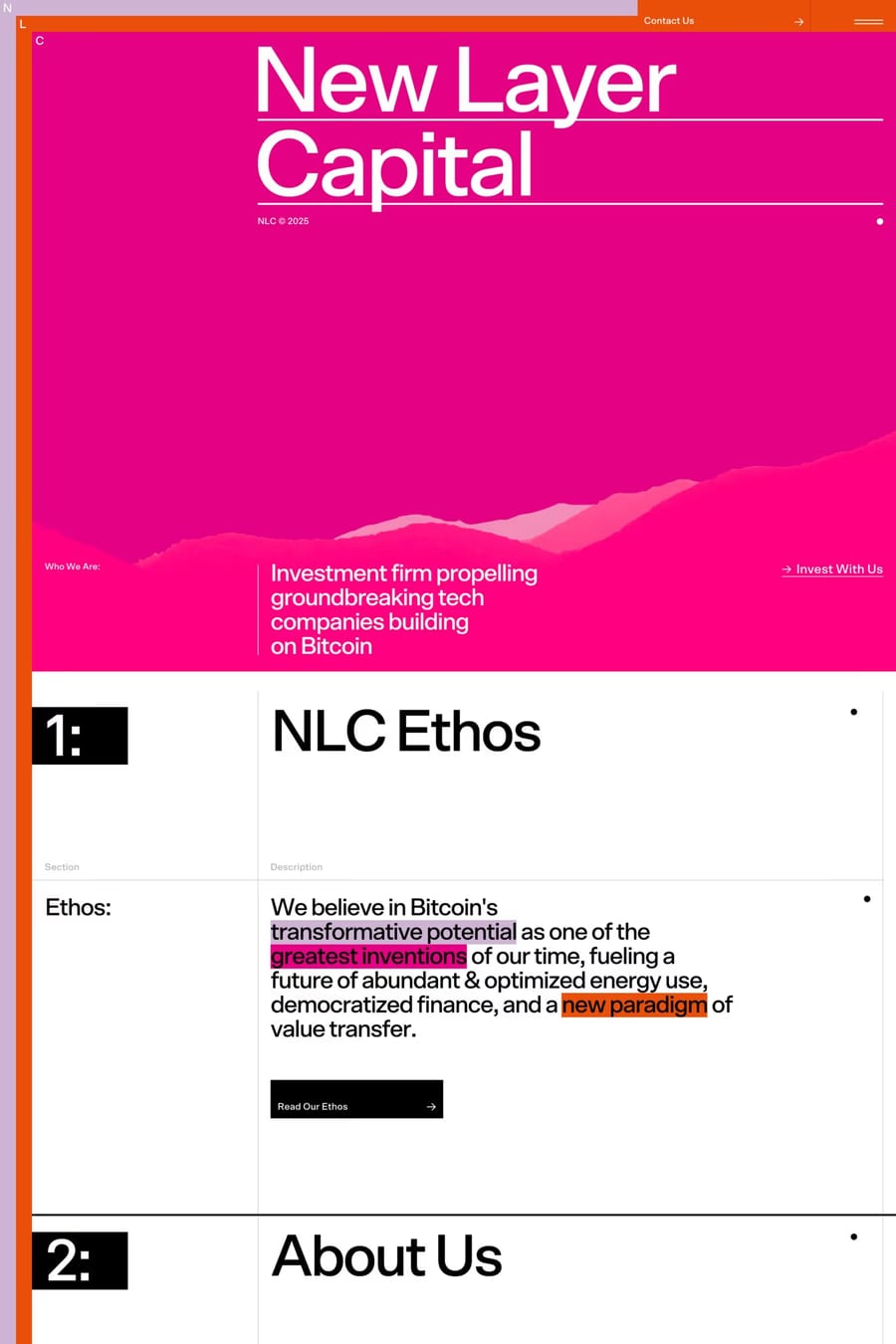 New Layer Capital — screenshot of a colourful, typographic venture capital landing page in orange and pink