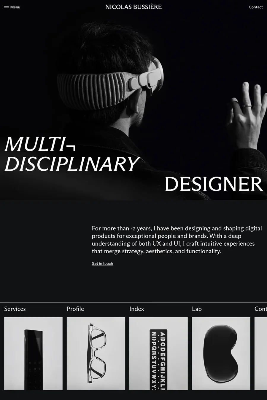 Nicolas Bussière — screenshot of a typographic, monochrome design portfolio site in black and white