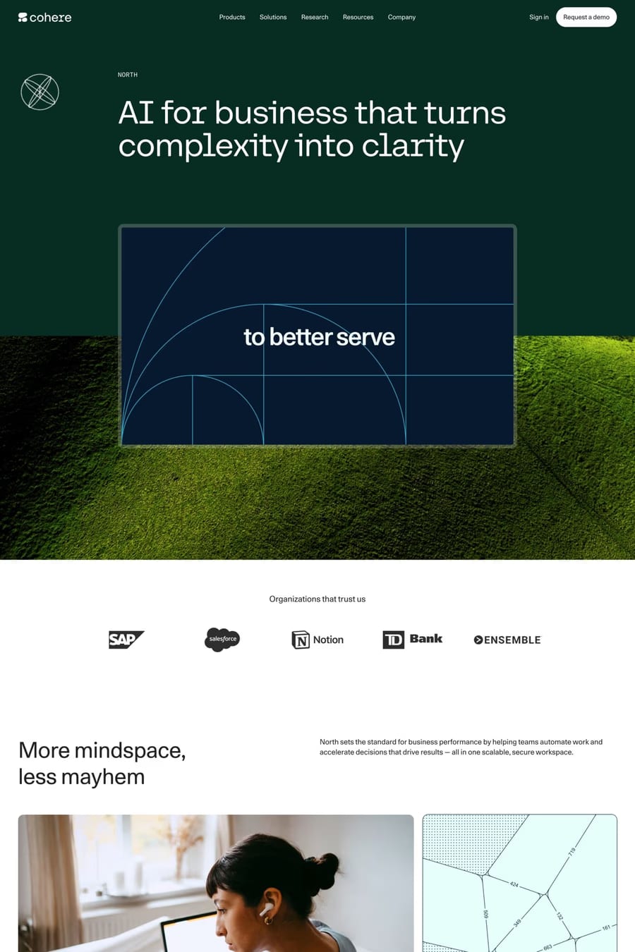North — screenshot of a clean, techy productivity landing page in dark green and white
