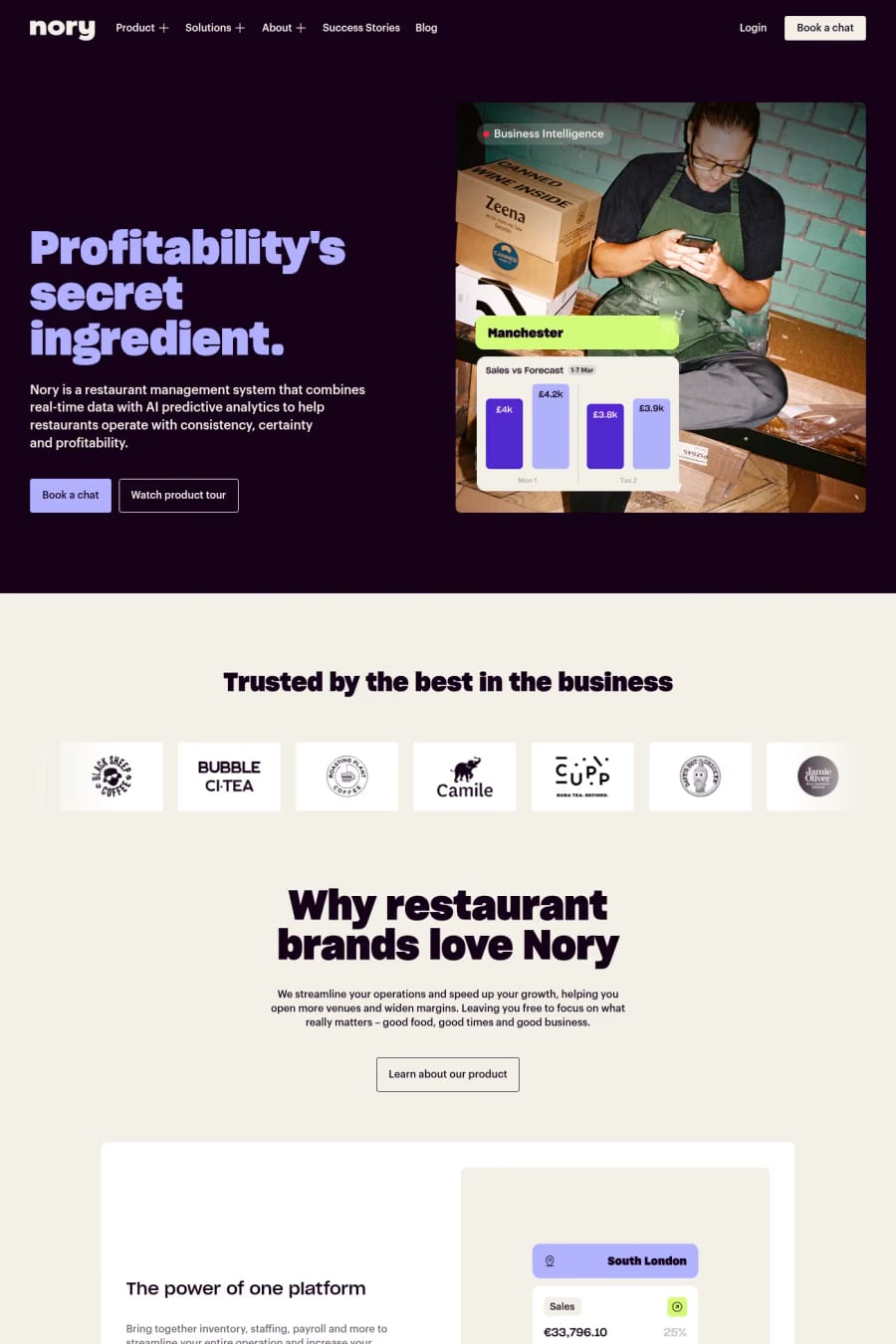 Nory — screenshot of a food and drink landing page in light purple and black, with display type and photography