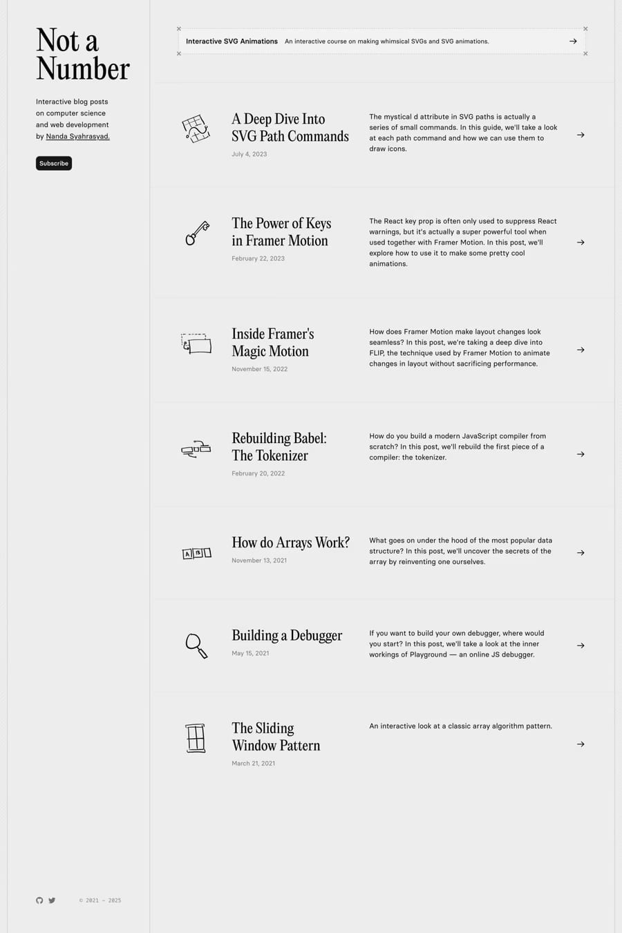 Not a Number — screenshot of a minimal, hand-drawn design blog in light grey
