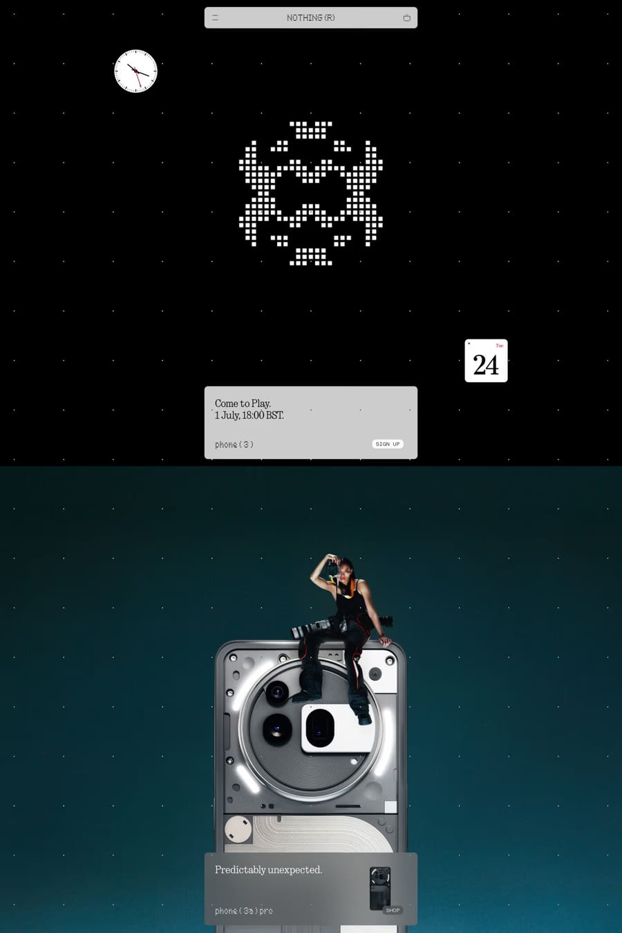 Nothing — screenshot of a pixelated, 3D software landing page in black