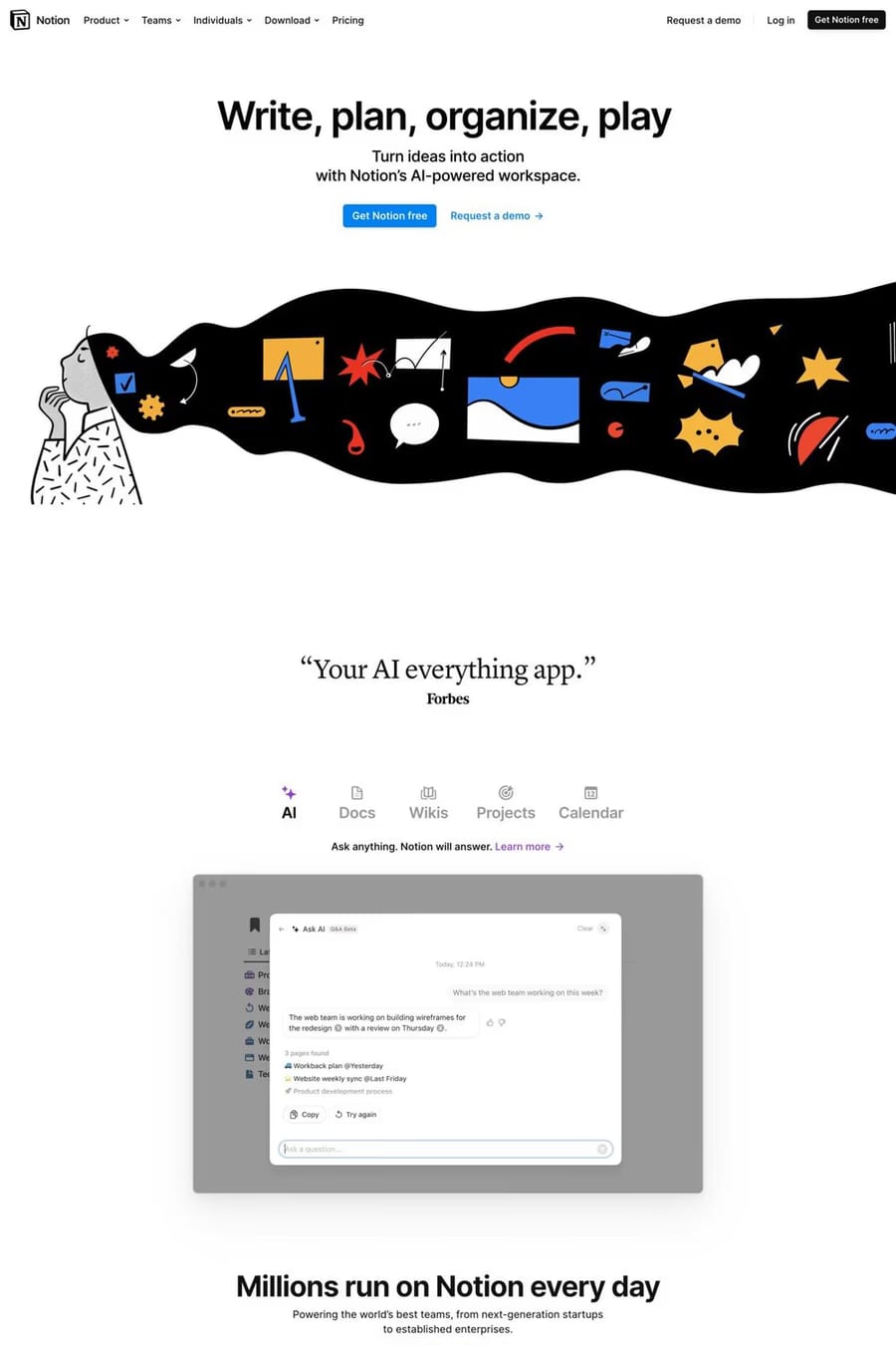 Notion — screenshot of a minimal, hand-drawn productivity landing page in white
