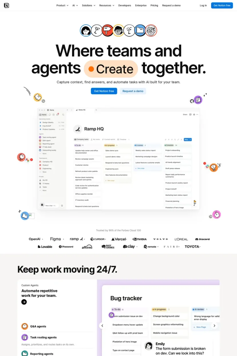 Notion — screenshot of a minimal productivity landing page in white and blue