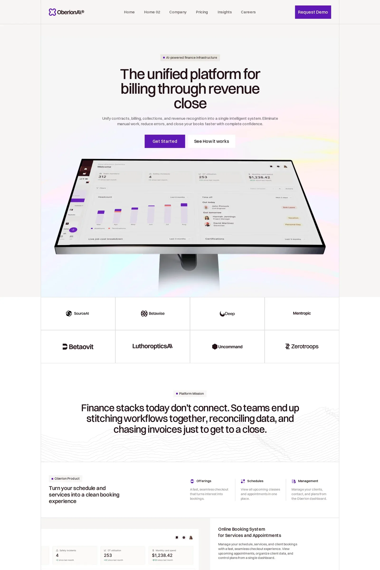 Oberion — screenshot of a software landing page template in white and light grey, with line work and patterns
