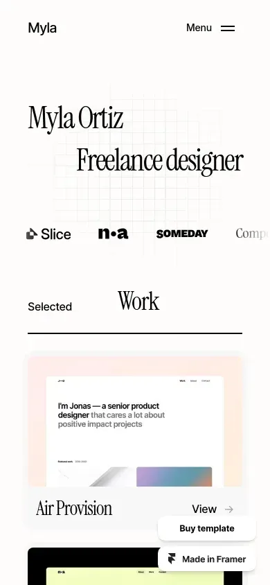 Offset — mobile screenshot of an elegant design portfolio template in black