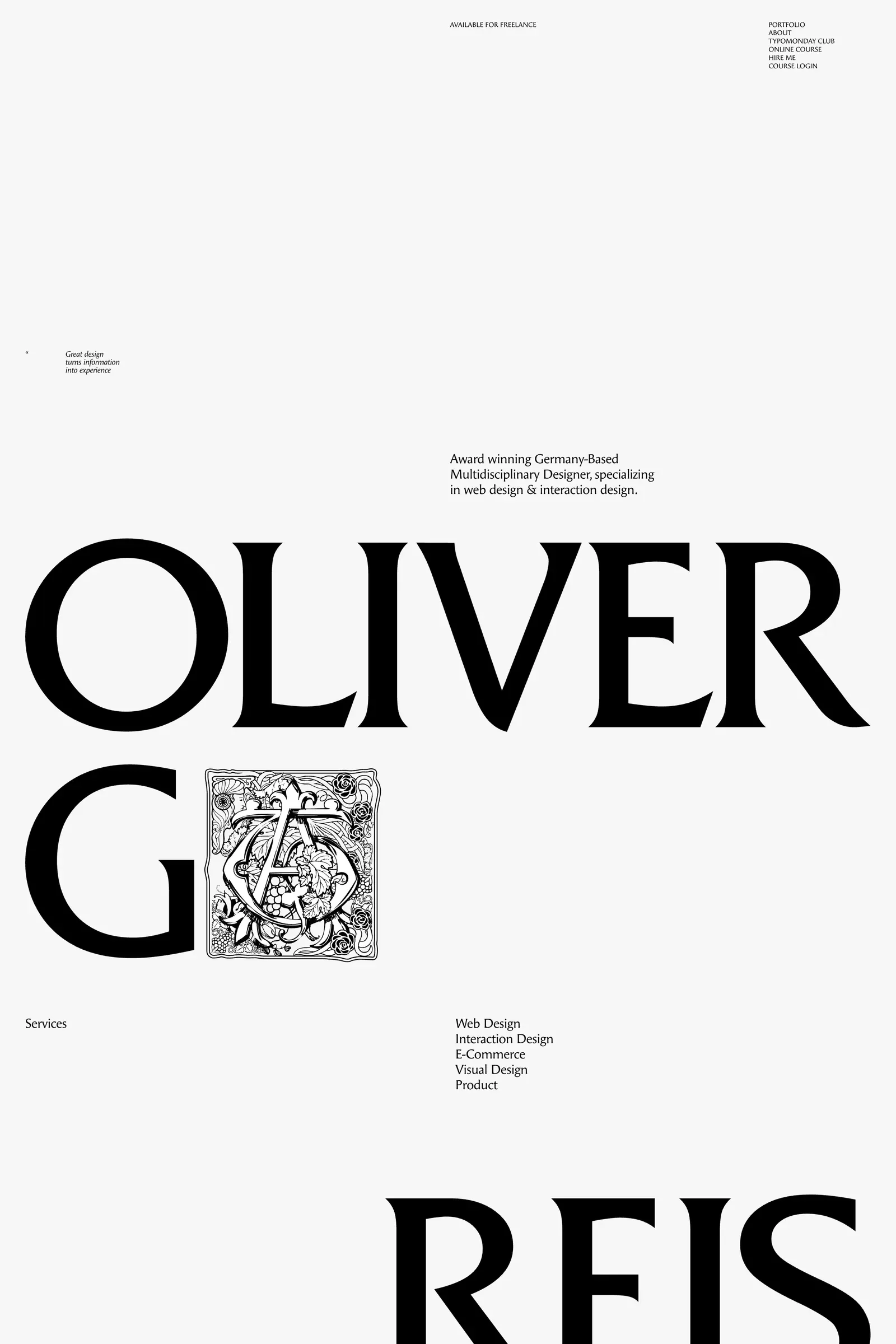 Oliver Gareis — screenshot of an editorial, typographic design portfolio site in white and black