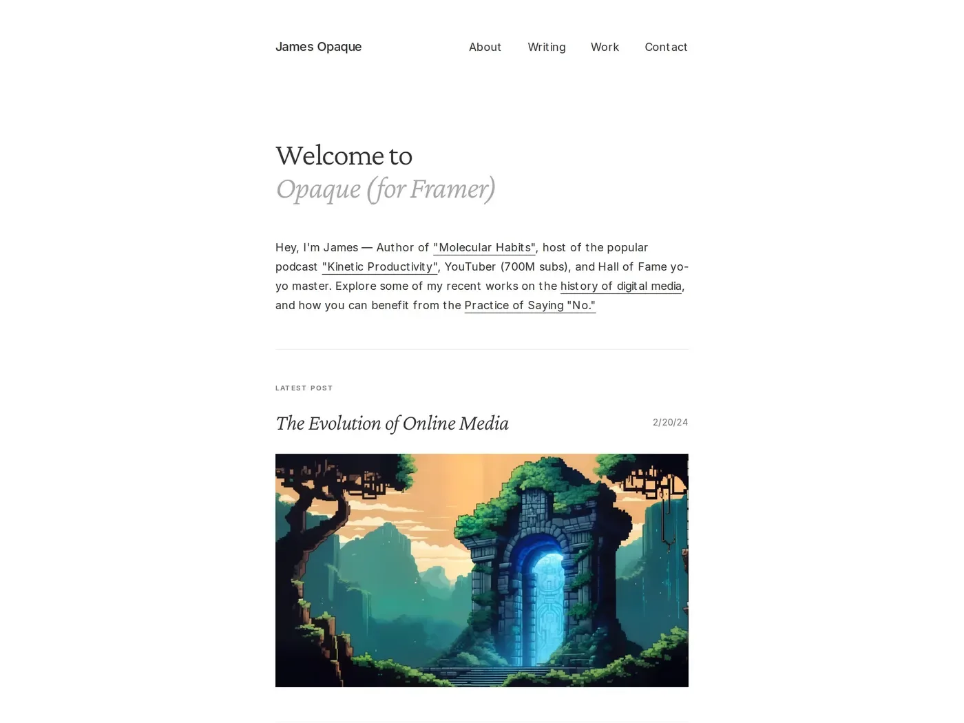 Opaque — screenshot of a minimal writing portfolio template in white