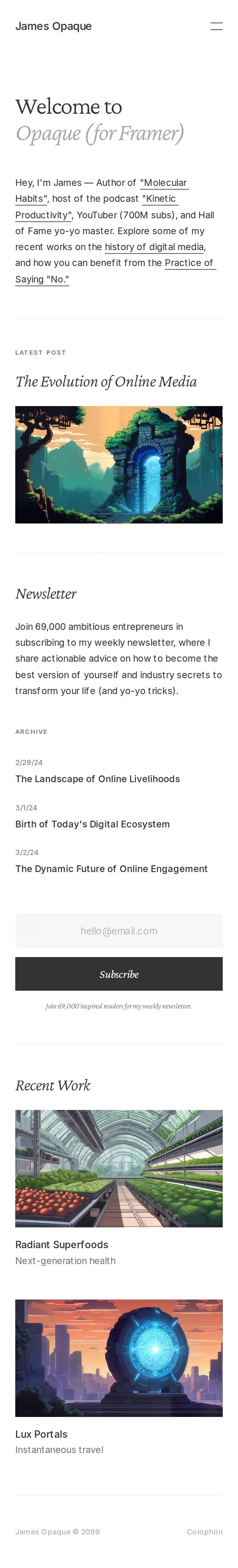 Opaque — mobile screenshot of a minimal writing portfolio template in white