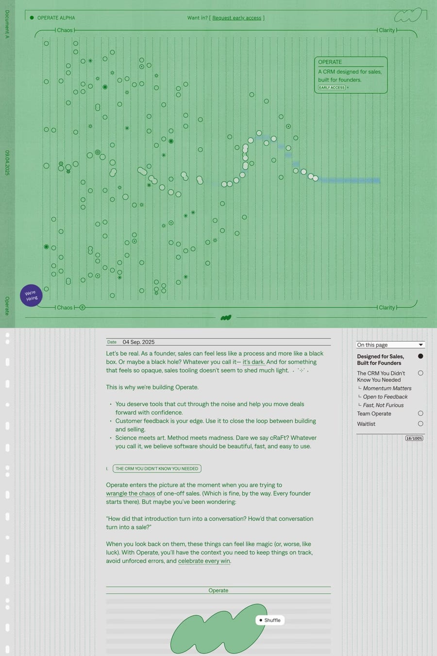 Operate — screenshot of a detailed, noisy business landing page in green and light grey