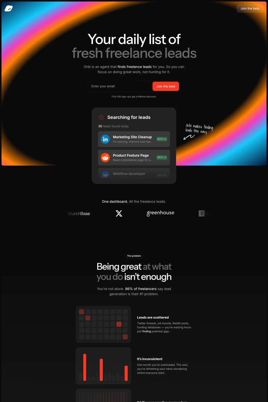 Orbi — screenshot of a hand-drawn, dark business landing page in black and orange