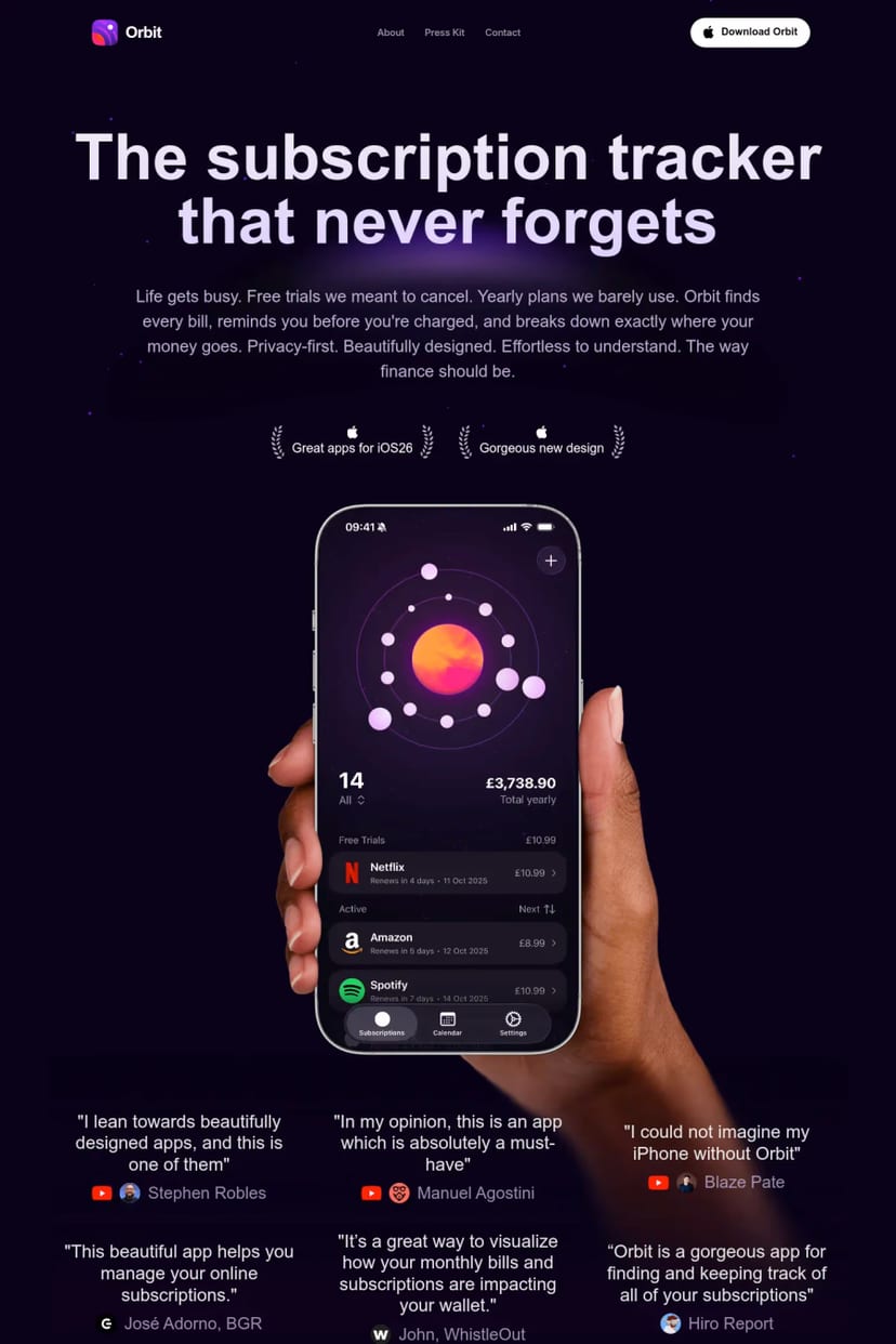 Orbit — screenshot of a landing page