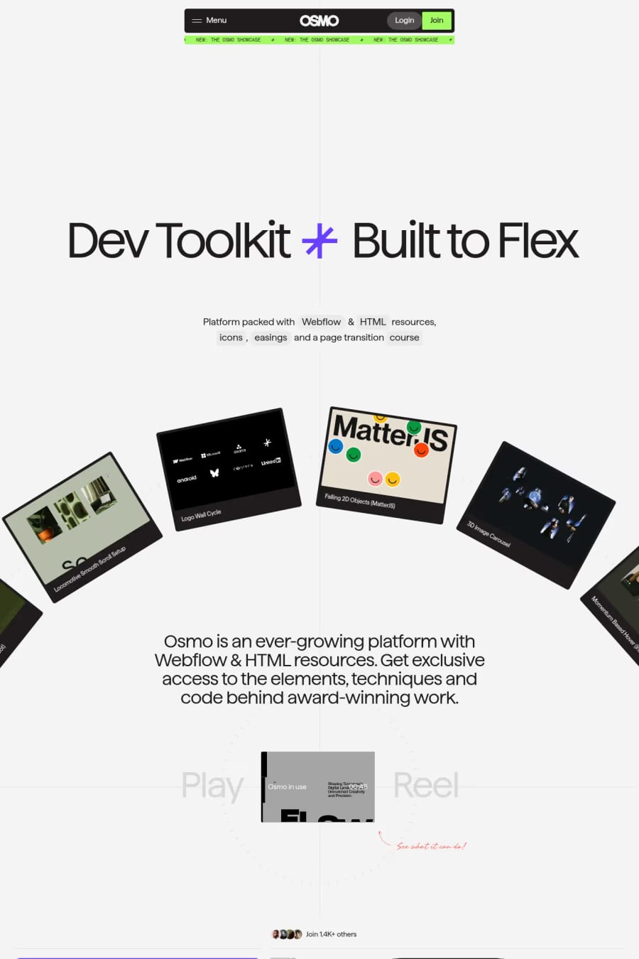 Osmo — screenshot of a noisy design landing page in white and dark grey