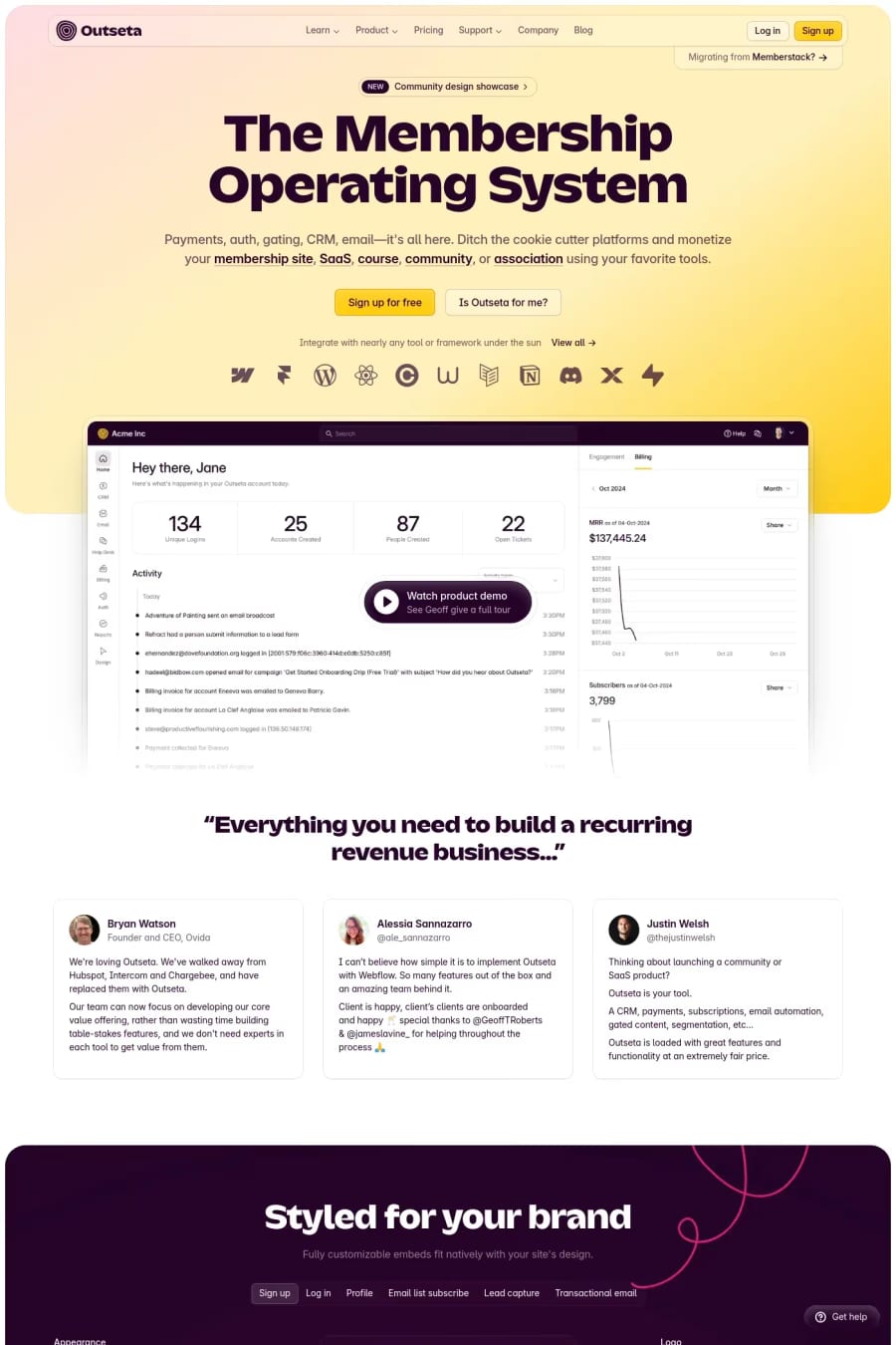 Outseta — screenshot of a development landing page in yellow and dark purple, with display type and a bento grid