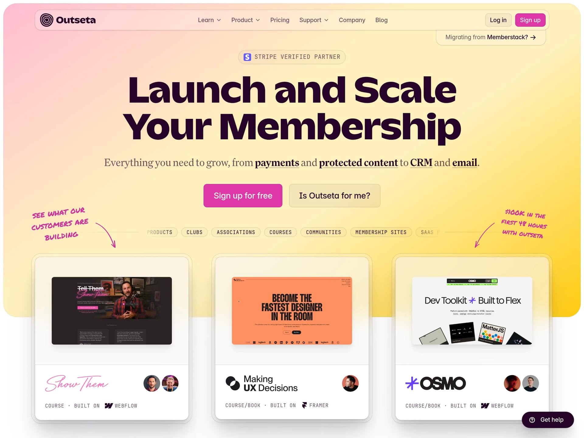 Outseta — screenshot of a clean, light software landing page in light pink and pink