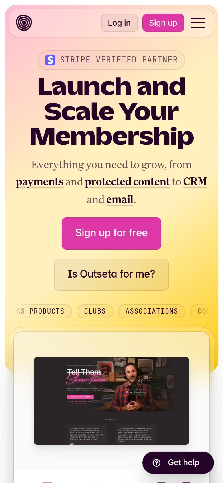 Outseta — mobile screenshot of a clean, light software landing page in light pink and pink