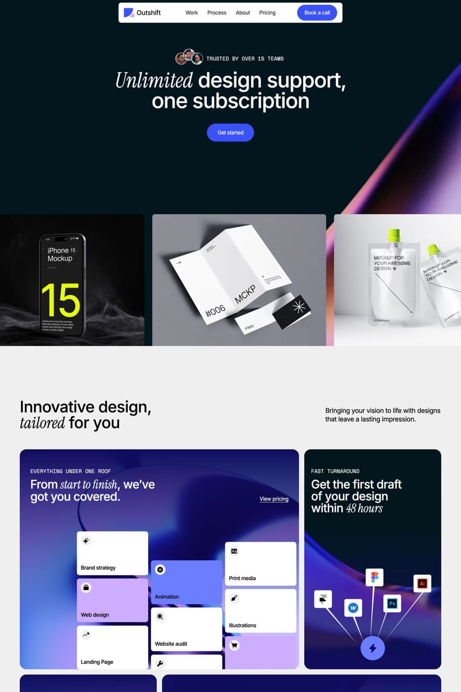 Outshift — screenshot of a design agency template in light grey and purple, with a bento grid and serif type