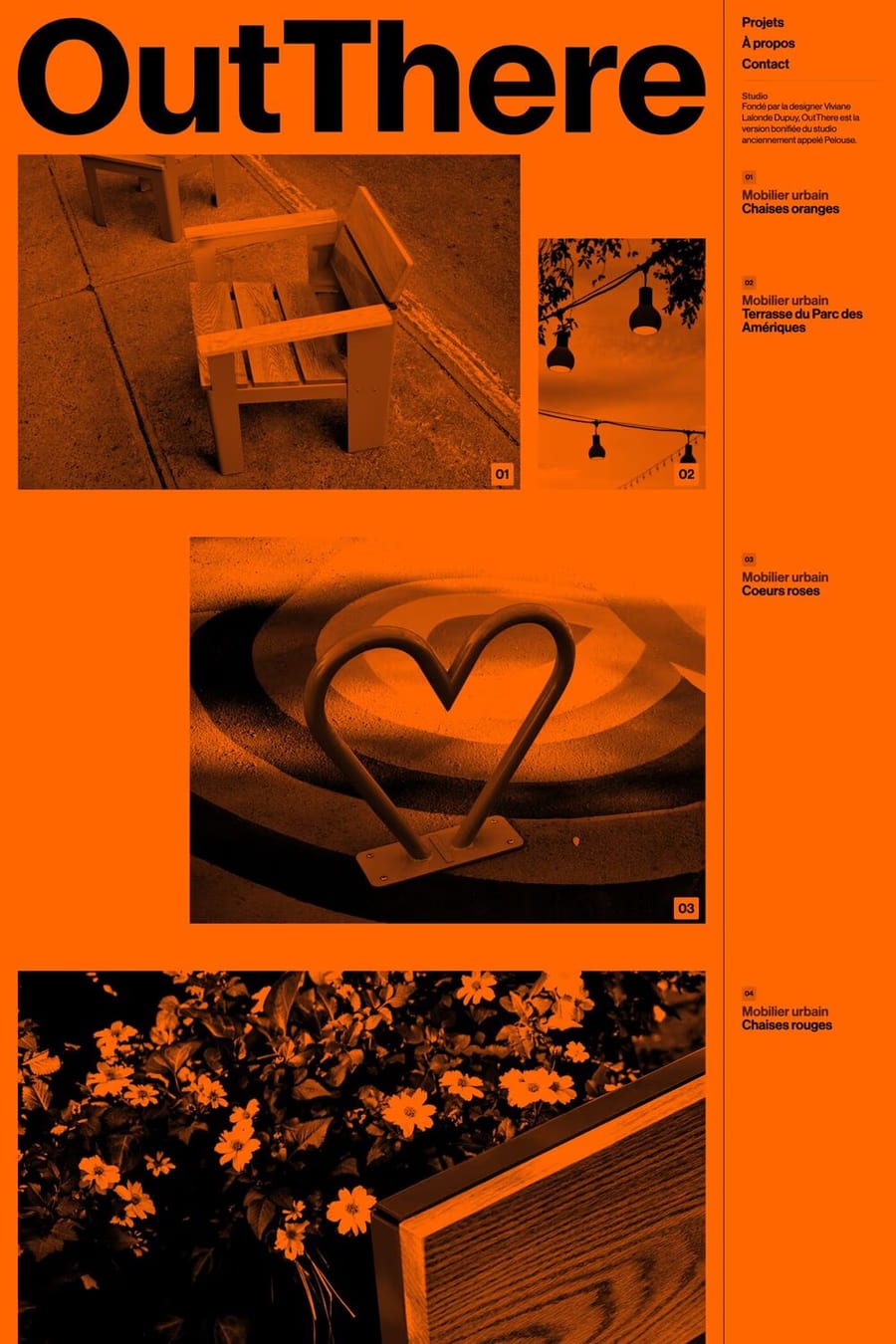 OutThere — screenshot of a monochrome, editorial design agency site in orange