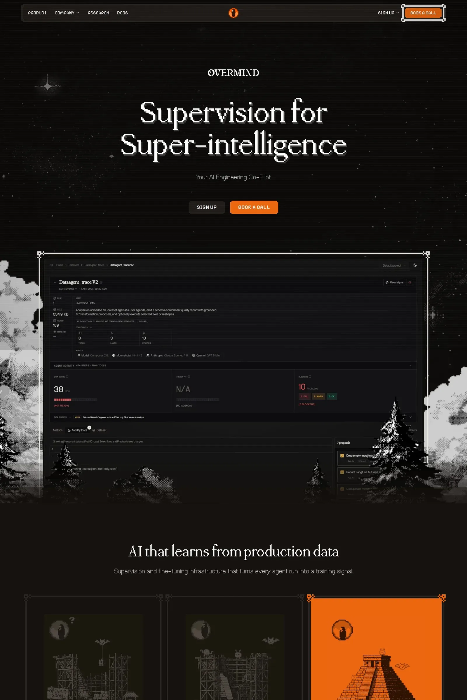 Overmind — screenshot of a dark, techy AI landing page in black and dark orange