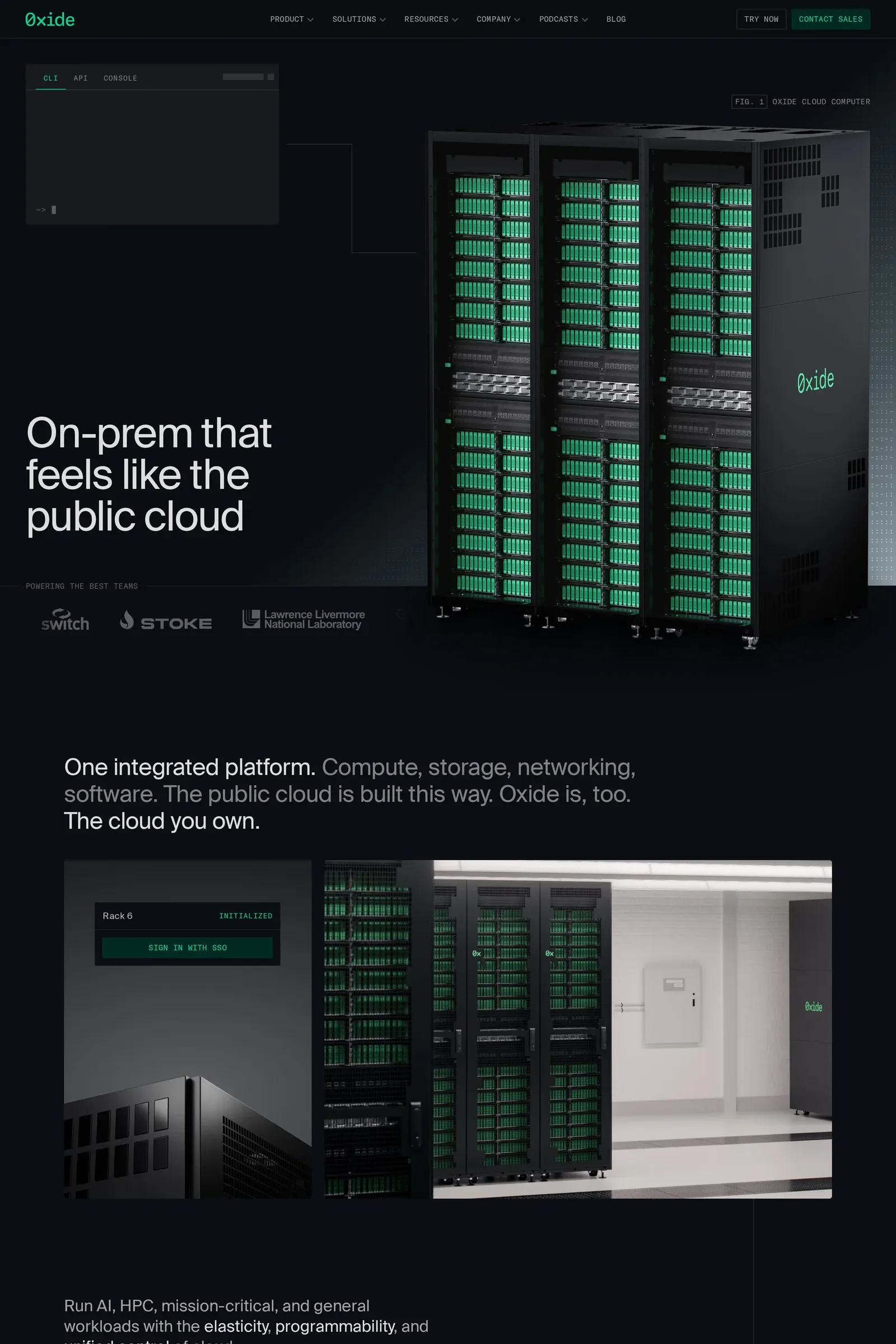 Oxide — screenshot of a techy, dark development landing page in black and green