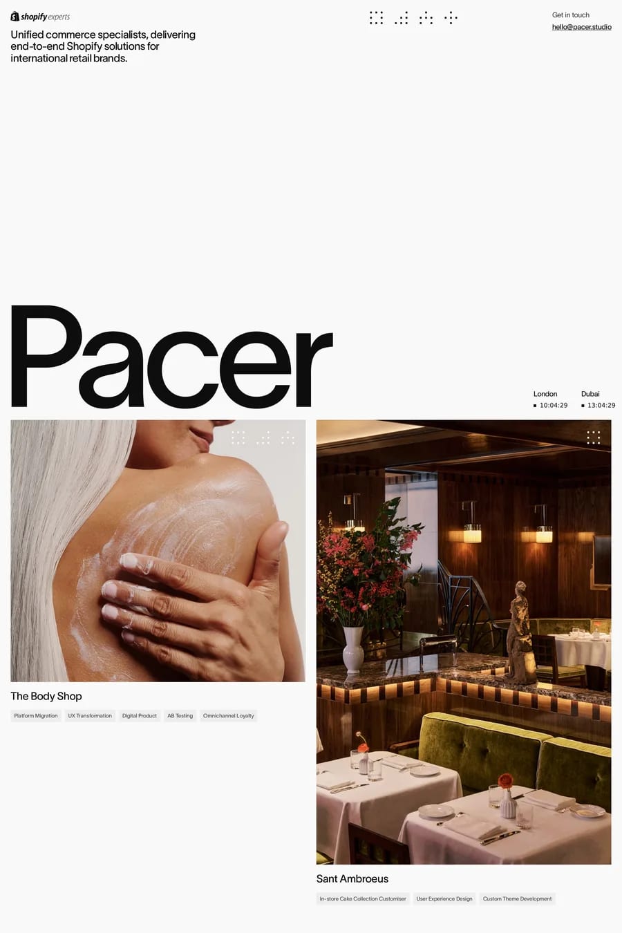 Pacer — screenshot of a design agency site in black, with a bento grid and sans-serif type