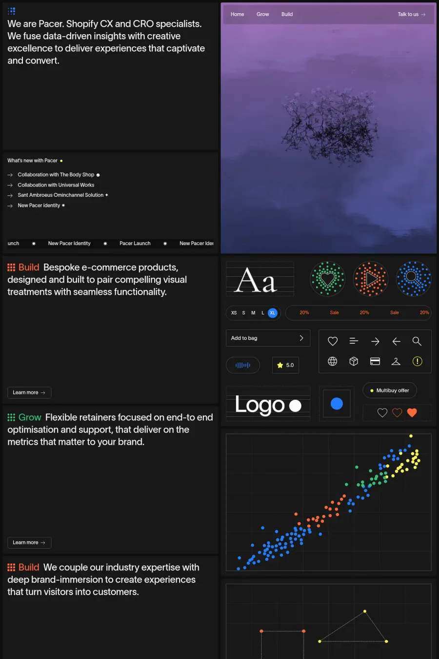 Pacer — screenshot of a design agency site in black, with a bento grid and sans-serif type