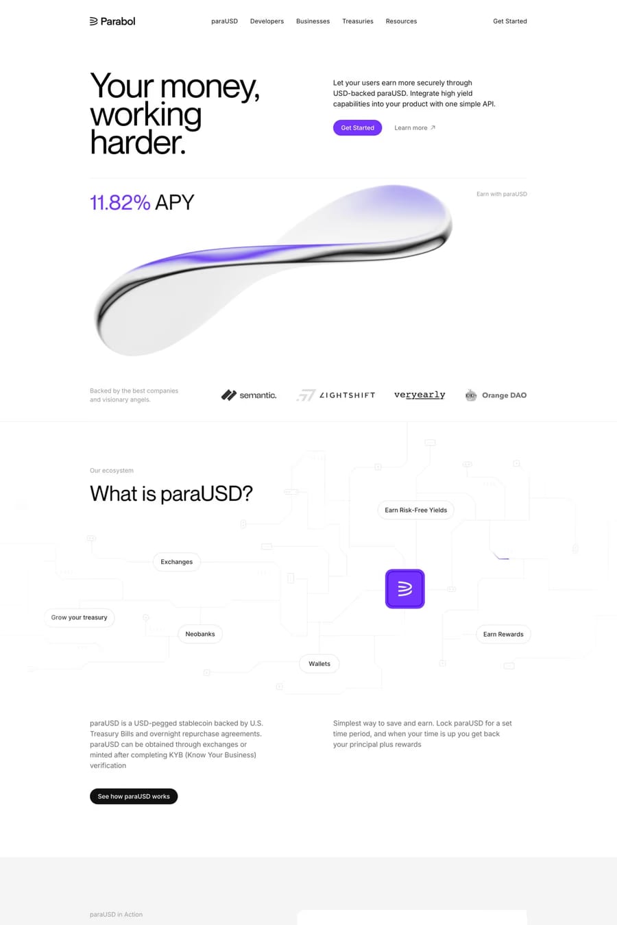 Parabol — screenshot of a 3D, clean Web3 and crypto landing page in white and purple
