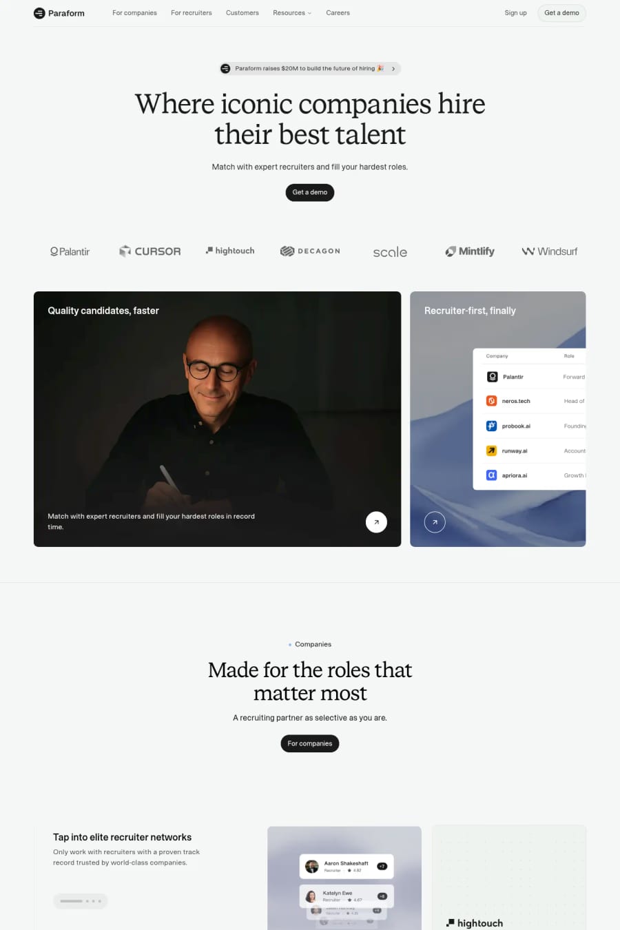 Paraform — screenshot of a minimal human resources landing page in white and black