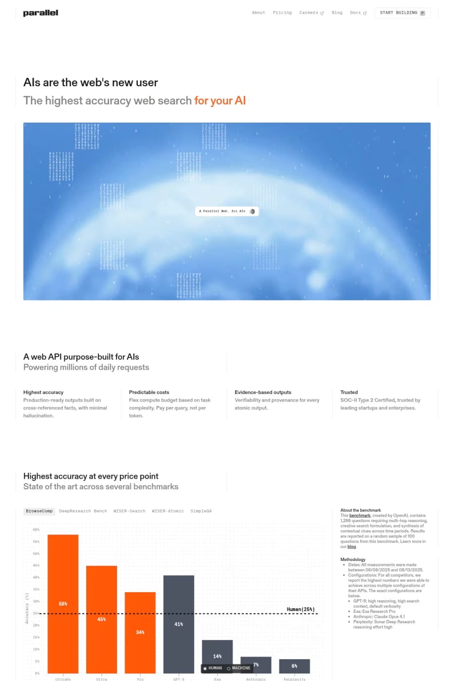 Parallel — screenshot of a minimal AI landing page in white and beige