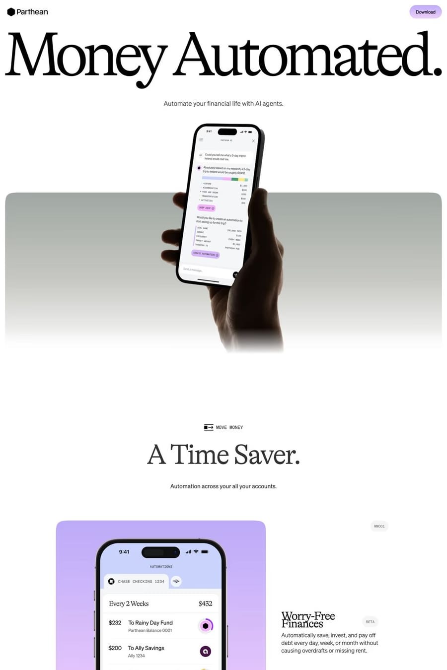Parthean — screenshot of a minimal, pastel finance landing page in white and light purple