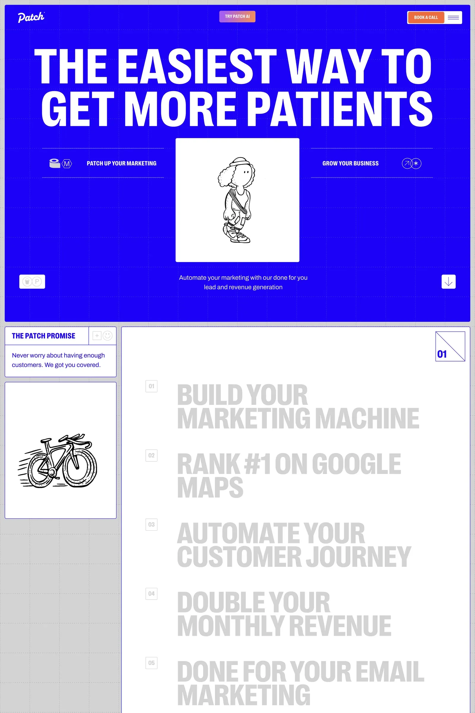 Patch — screenshot of a colourful, hand-drawn marketing landing page in blue and white