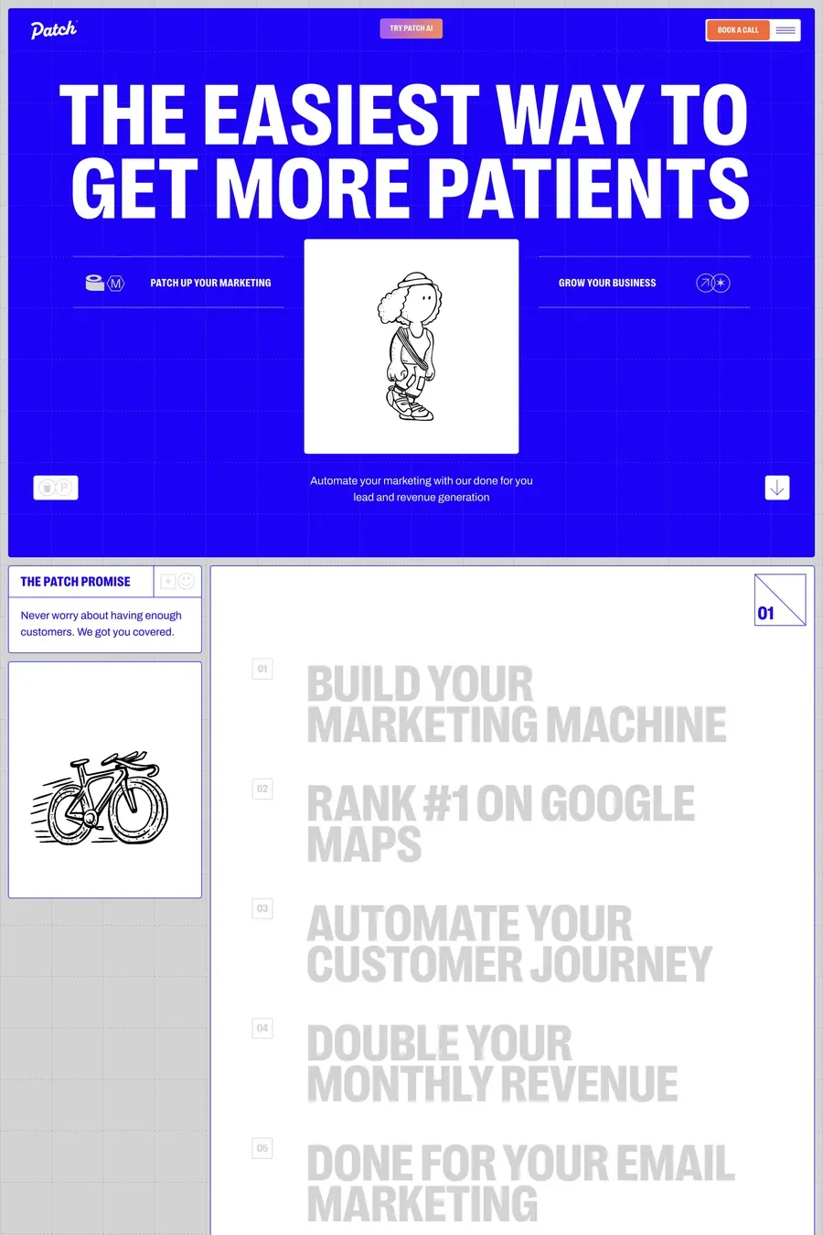 Patch — screenshot of a colourful, hand-drawn marketing landing page in blue and white
