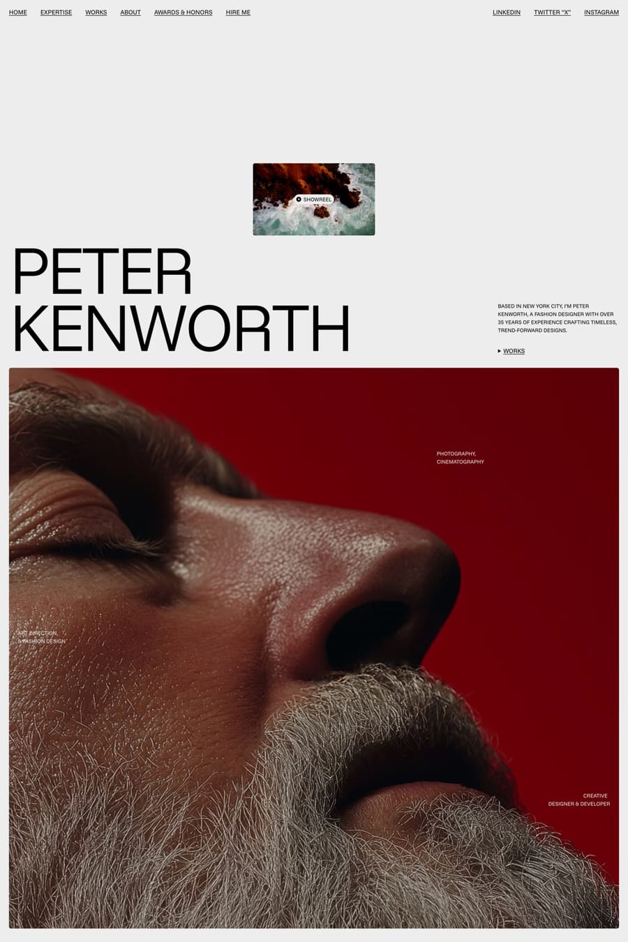 Peter Kenworth — screenshot of a minimal, clean fashion portfolio template in black and white