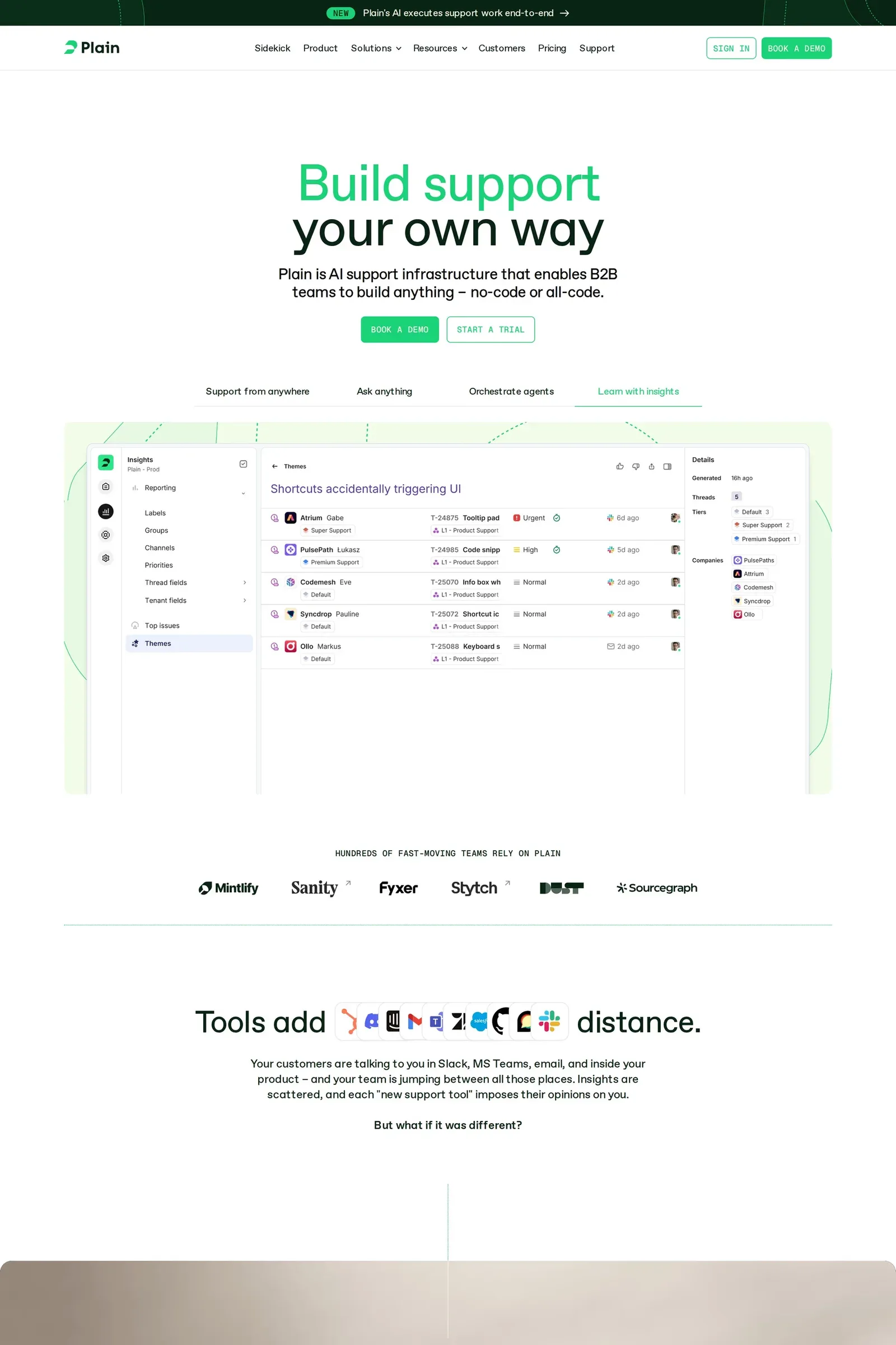 Plain — screenshot of a dark software landing page in black and orange
