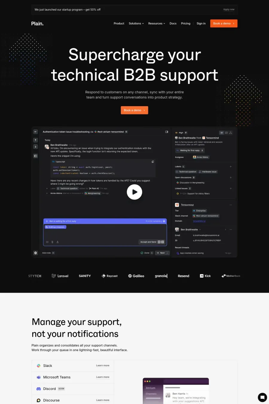 Plain — screenshot of a dark software landing page in black and orange