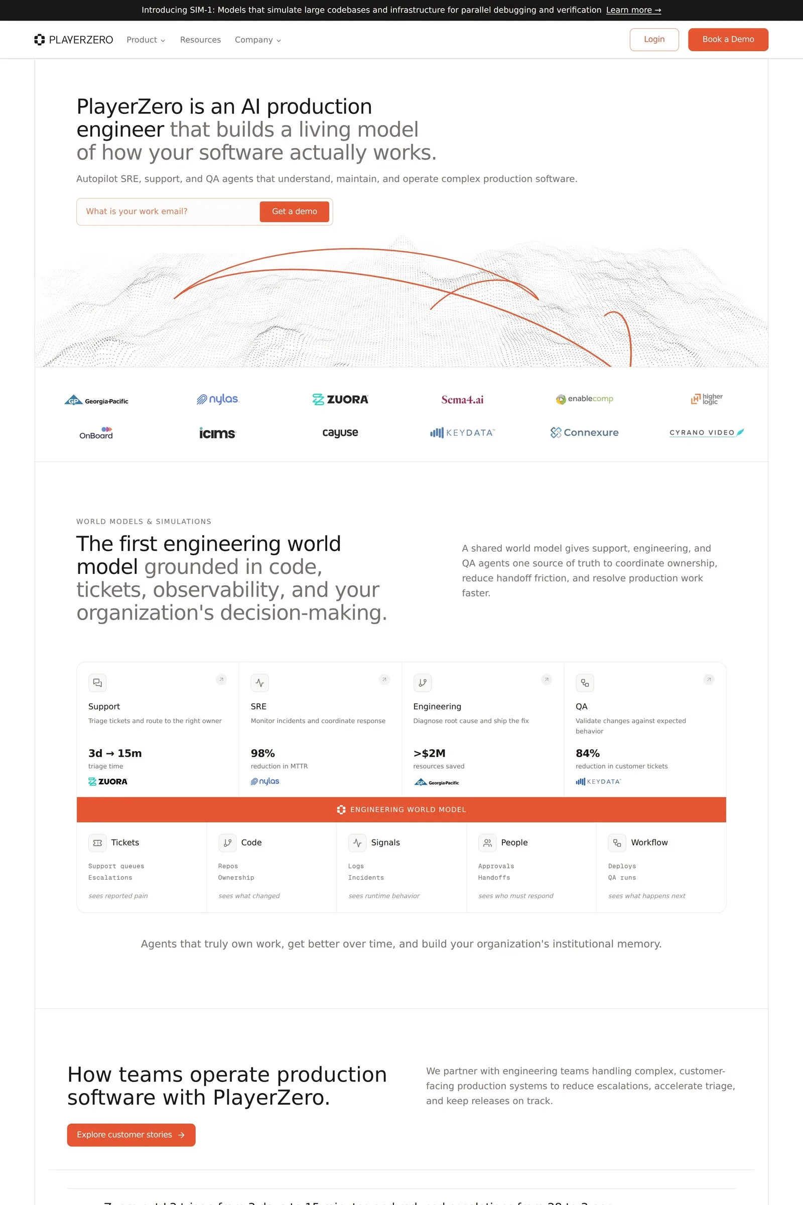 PlayerZero — screenshot of a pixelated, techy AI landing page in beige and white