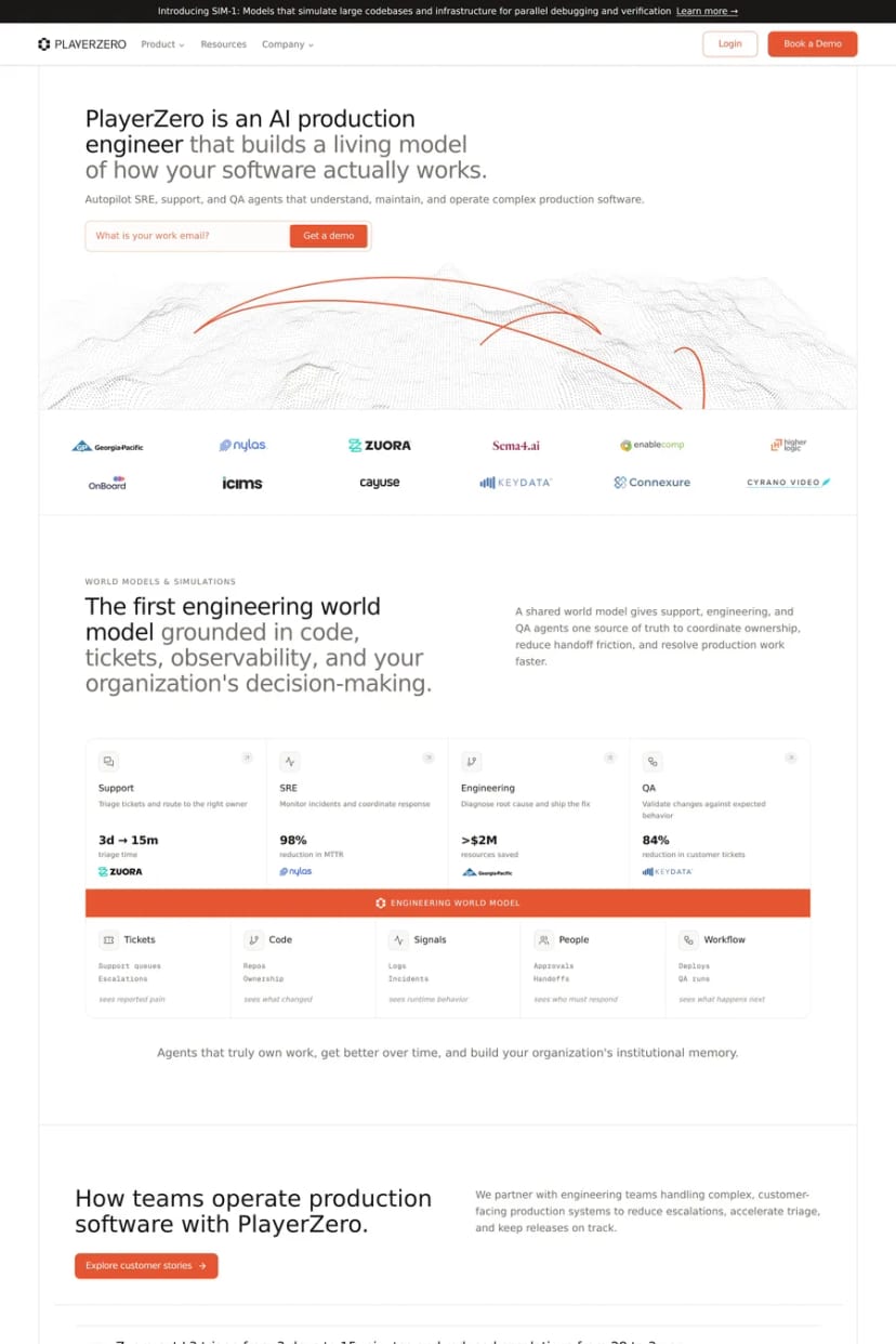 PlayerZero — screenshot of a landing page