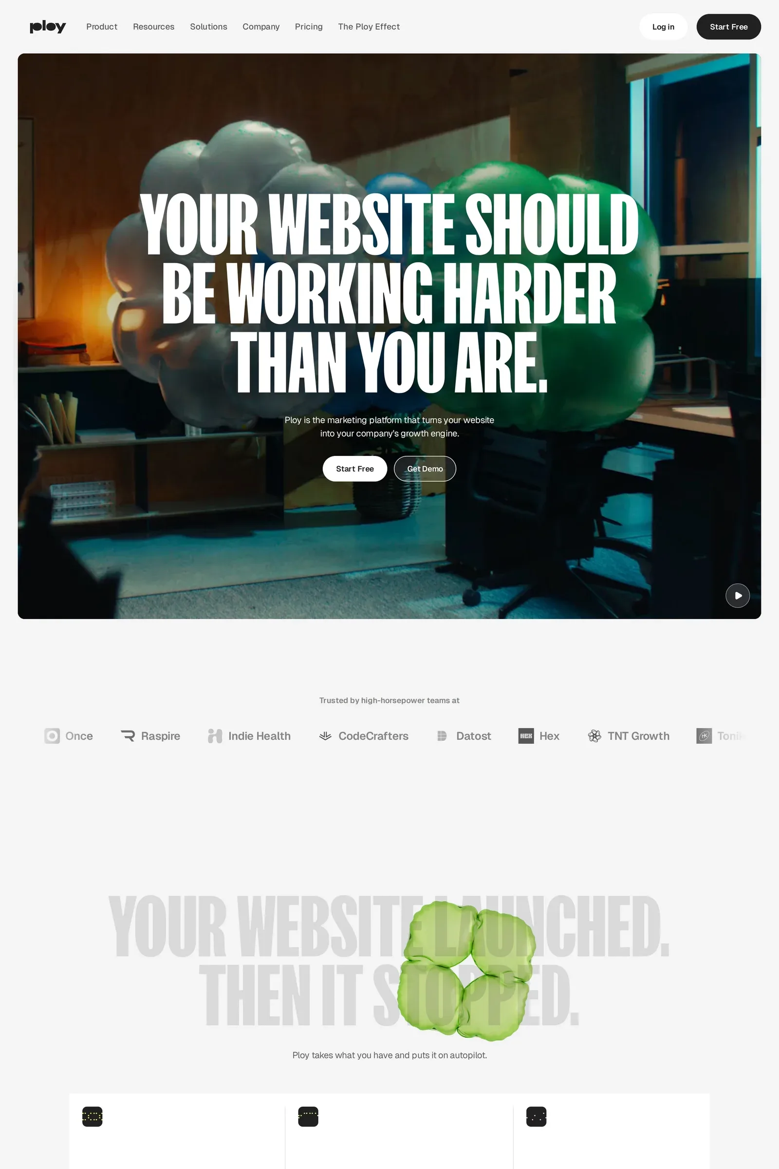 Ploy — screenshot of a 3D, colourful marketing landing page in white and yellow
