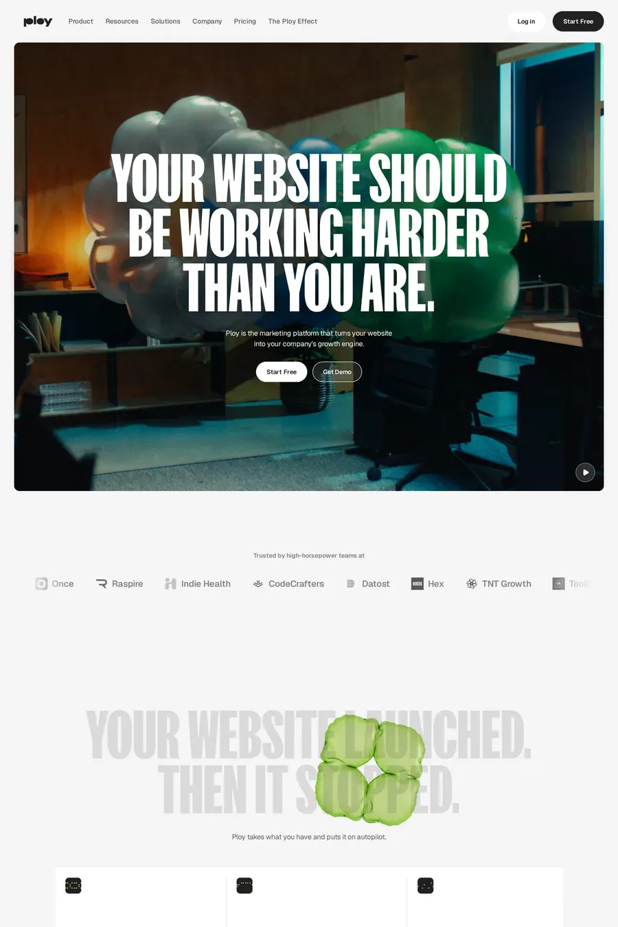 Ploy — screenshot of a 3D, colourful marketing landing page in white and yellow