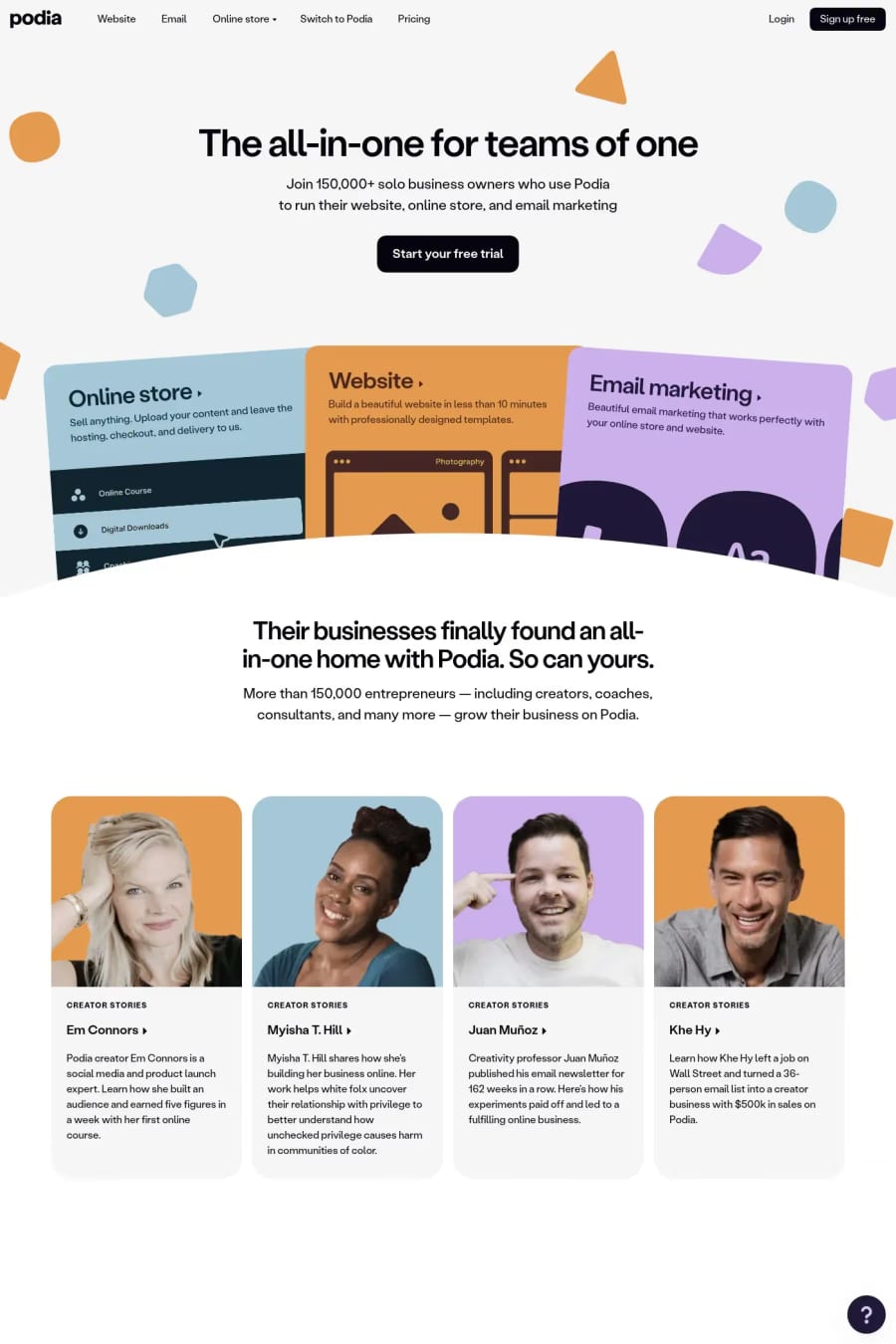 Podia — screenshot of a colourful website in blue and orange