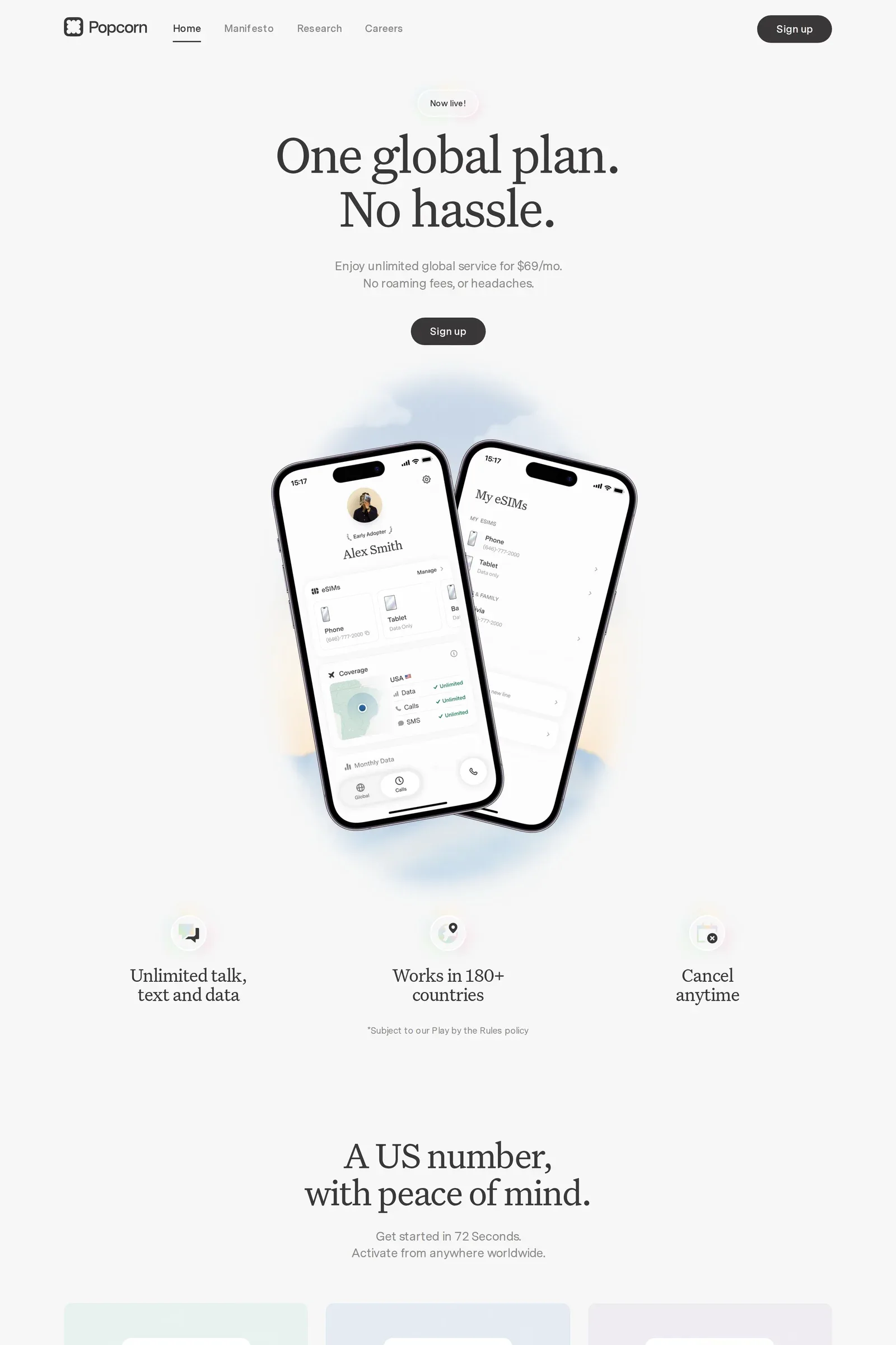 Popcorn — screenshot of a pastel, noisy technology landing page in light grey