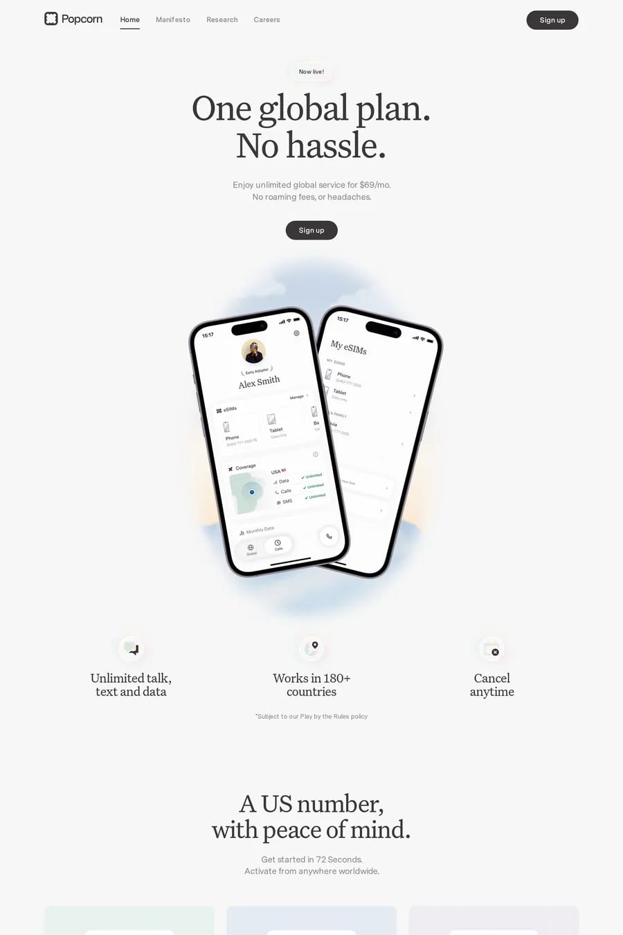 Popcorn — screenshot of a pastel, noisy technology landing page in light grey