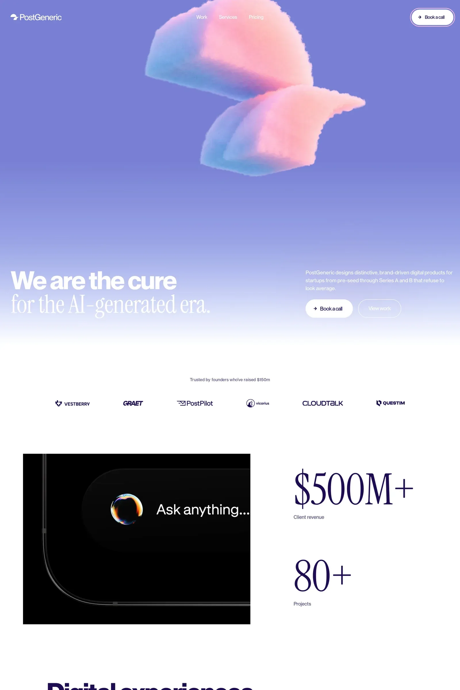 PostGeneric — screenshot of a 3D, typographic design agency site in light purple and pink