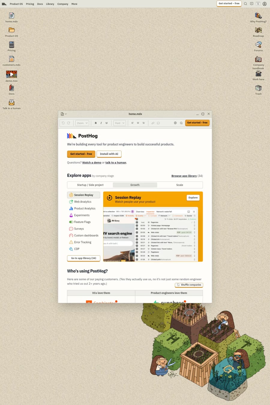 PostHog — screenshot of a development landing page in beige and orange, with texture and illustration